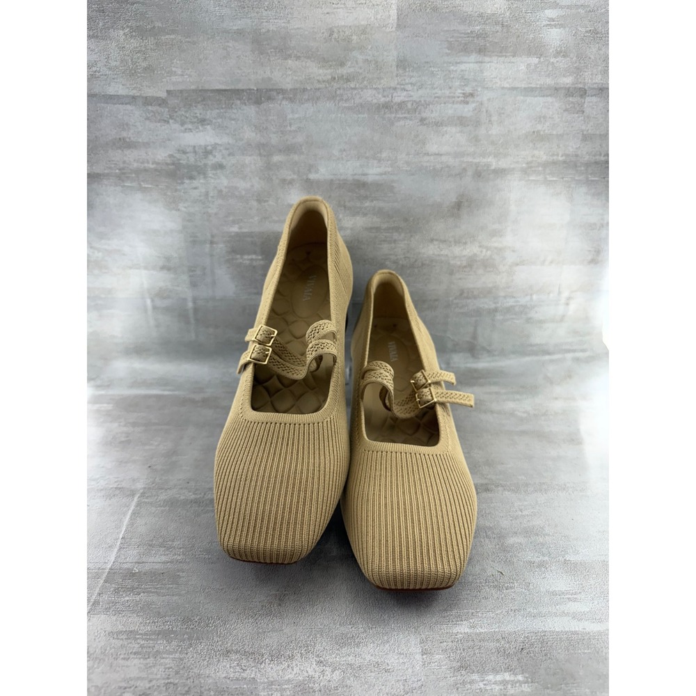 Vivaia Margot 2.0 Tan Beige Ribbed Knit Square Toe Mary Jane Block Heel Pumps 43